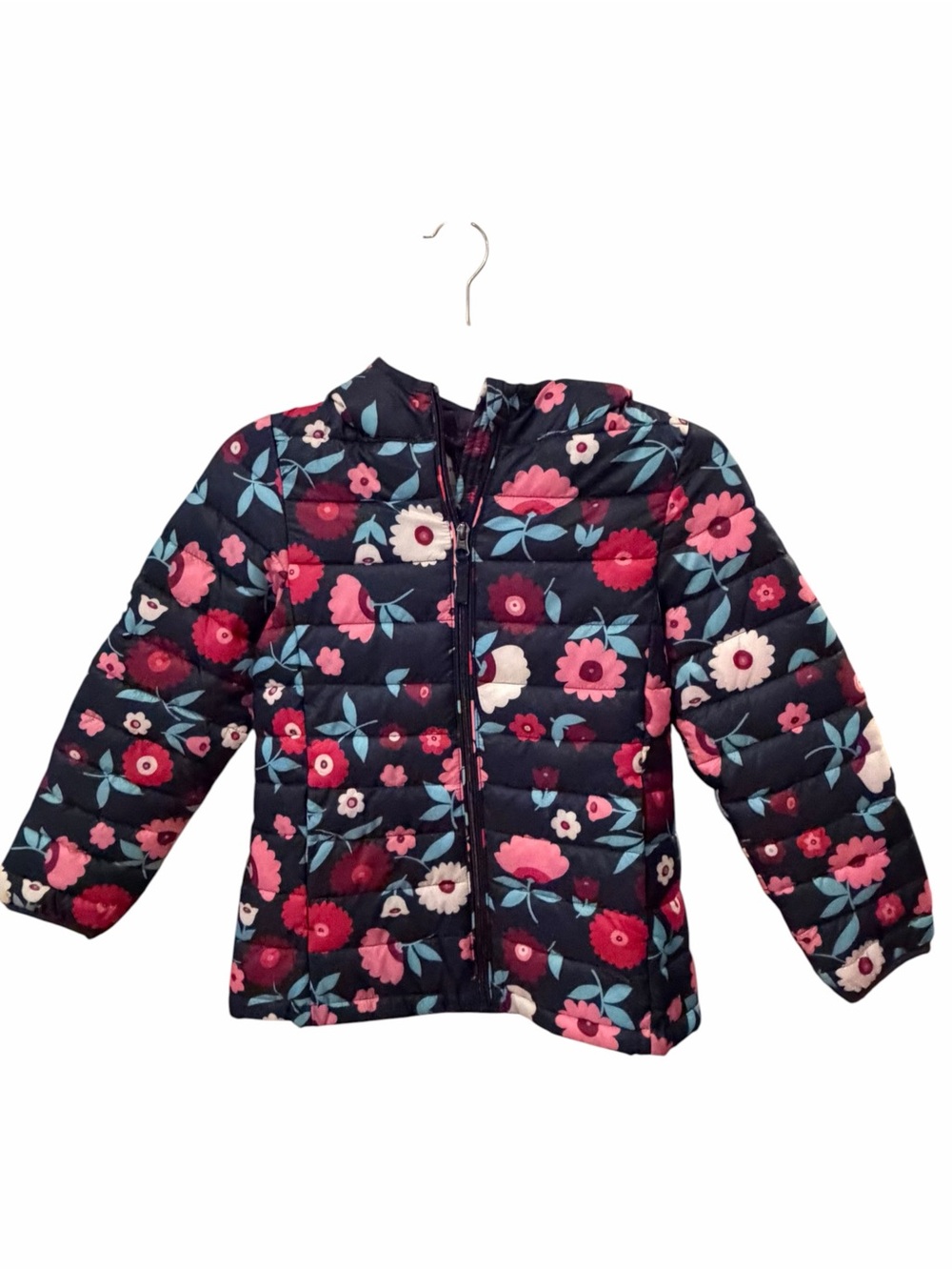 Amazon Essentials Girls L Navy Floral Packable Hooded Puffer Jacket